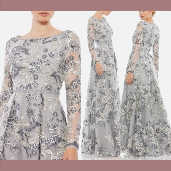 NWD $798 Mac Duggal [ 0-2 ] Floral Embellished Illusion Sleeve A-Line Gown Silve - Picture 1 of 15